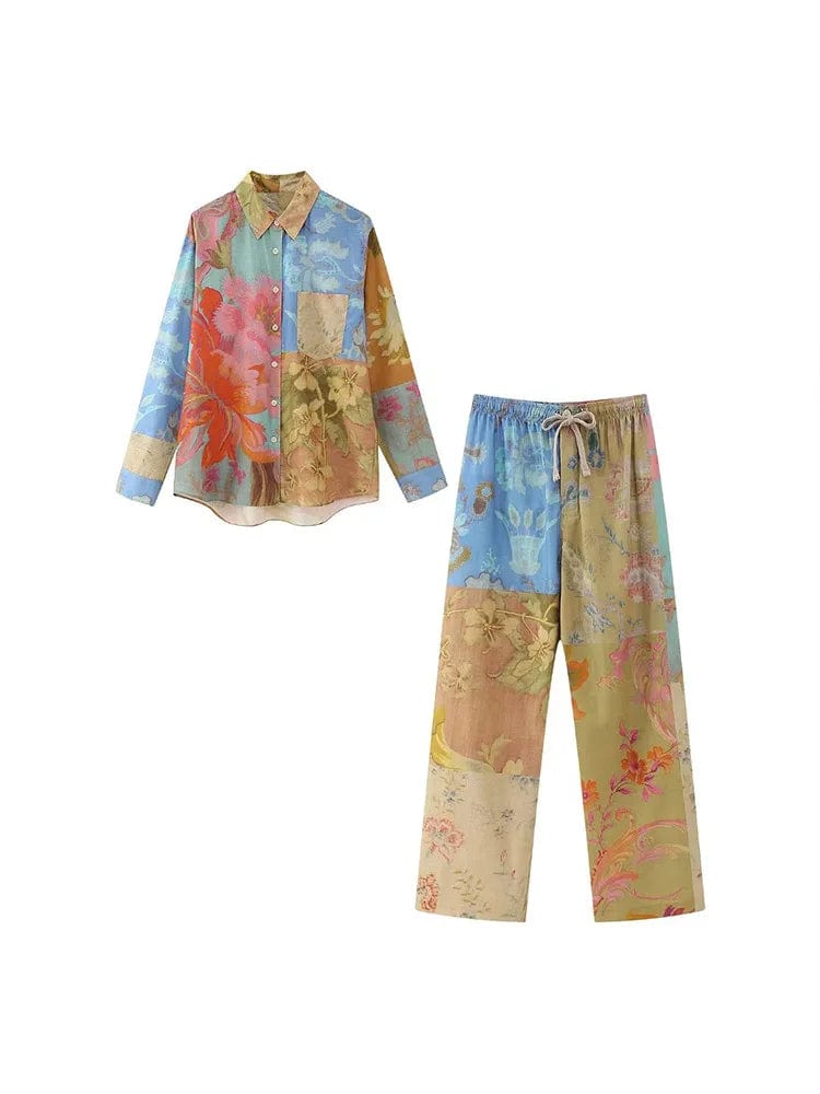 1 / L / CHINA Kumsvag 2023 Women Summer 2-Pieces Sets Vintage Print Satin Shirts Tops and Trousers Female Elegant Street Two Suits Clothing