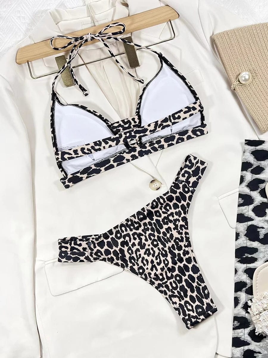 2024 Halter String Leopard Two Piece Bikini Swimsuit Women Sexy Swimwear Female Bather Bathing Swimming Swim Suit Beachwear