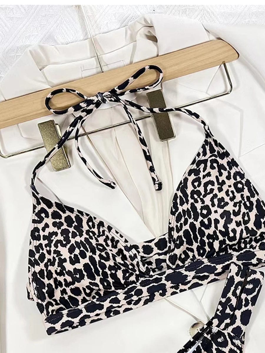 2024 Halter String Leopard Two Piece Bikini Swimsuit Women Sexy Swimwear Female Bather Bathing Swimming Swim Suit Beachwear