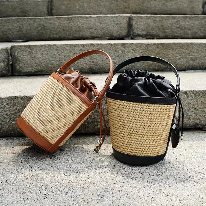 2024 high quality Woven leather Bucket tote bags leisure women patchwork handbag shopper shoulder crossbody Summer bag mini