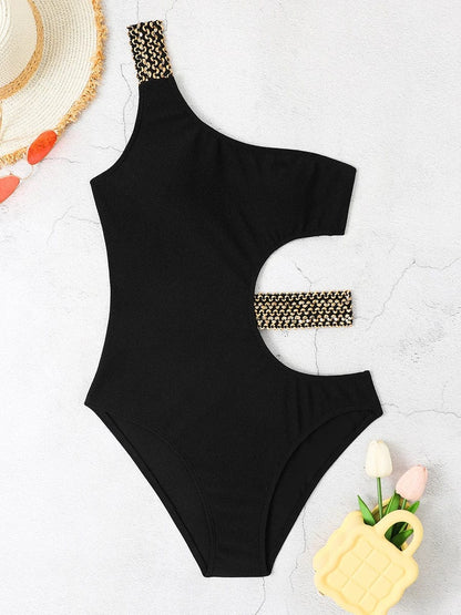 2024 Metal Chain Shoulder Swimsuit Women One Piece Hollow Out Swimwear Female Bodysuit Bathing Swimming Suit Bathers Beachwear