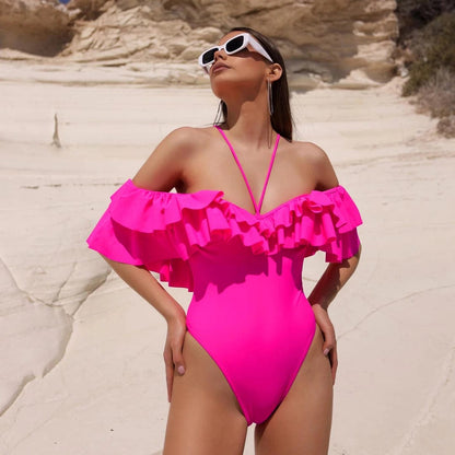 2024 New Sexy Off The Shoulder Solid Swimwear Women One Piece Swimsuit Female Bathing Suit Ruffle Monokini Swim Wear XL