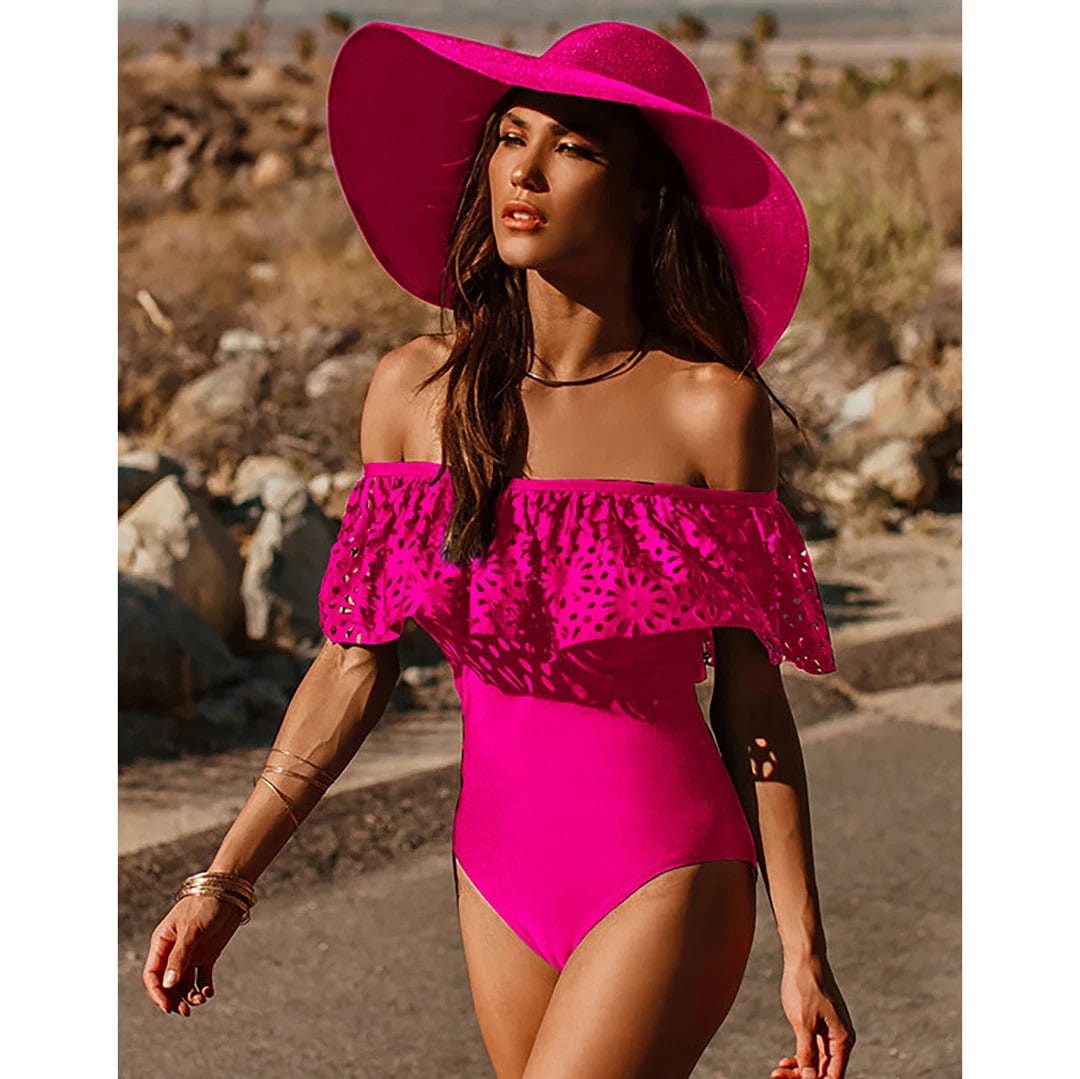 2024 New Sexy Off The Shoulder Solid Swimwear Women One Piece Swimsuit Female Bathing Suit Ruffle Monokini Swim Wear XL