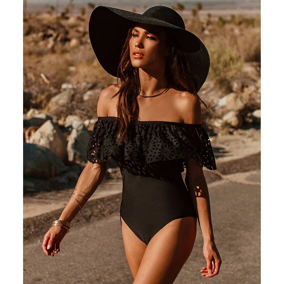 2024 New Sexy Off The Shoulder Solid Swimwear Women One Piece Swimsuit Female Bathing Suit Ruffle Monokini Swim Wear XL