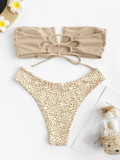 2024 Ribbed V-wire Frilled Animal Spotted Bikini Swimsuit Women Sexy