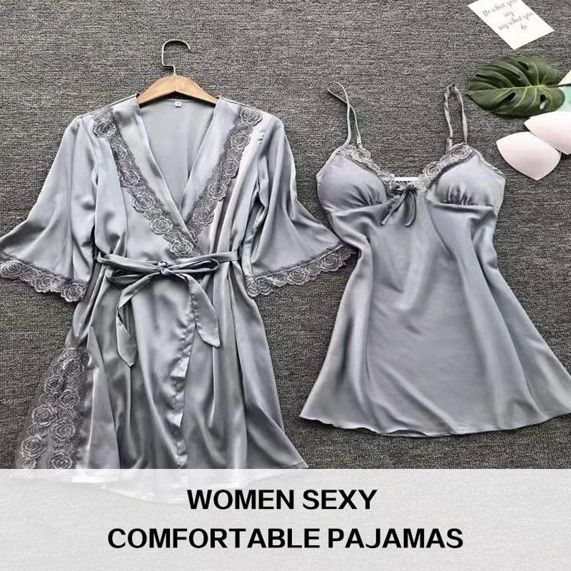 2pcs Woman Sexy Pajamas Sleepwear Lace Robe