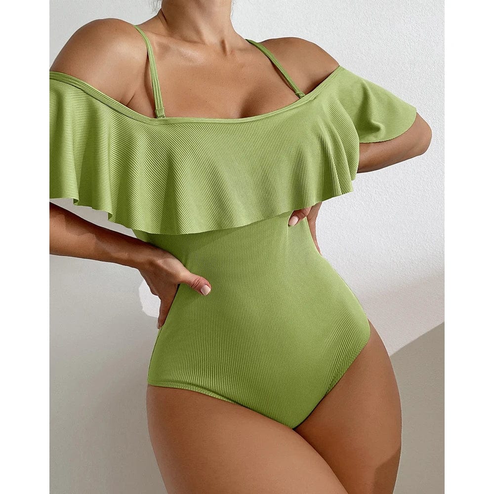 3 / XL 2024 New Sexy Off The Shoulder Solid Swimwear Women One Piece Swimsuit Female Bathing Suit Ruffle Monokini Swim Wear XL