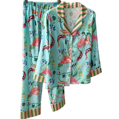 Advanced Sense Ins Flamingo Pajamas Women Summer Spring Satin Silk Illustration Flower Sleepwear Two Piece Set Girl Pyjamas Thin