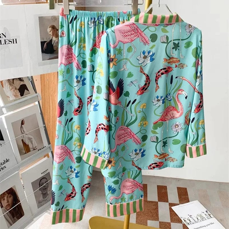 Advanced Sense Ins Flamingo Pajamas Women Summer Spring Satin Silk Illustration Flower Sleepwear Two Piece Set Girl Pyjamas Thin