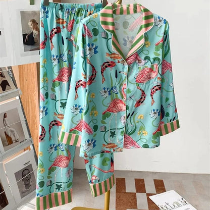 Advanced Sense Ins Flamingo Pajamas Women Summer Spring Satin Silk Illustration Flower Sleepwear Two Piece Set Girl Pyjamas Thin