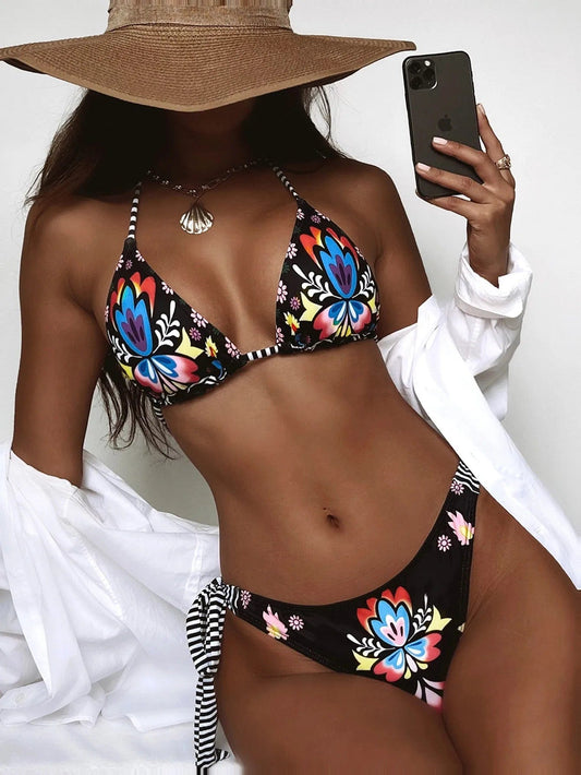 Bikinis 2024 Woman Floral Print Triangle Swimwear Womens Two-piece Swimsuit Sexy Lace-up Bikini Set Brazilian Bathing Suit