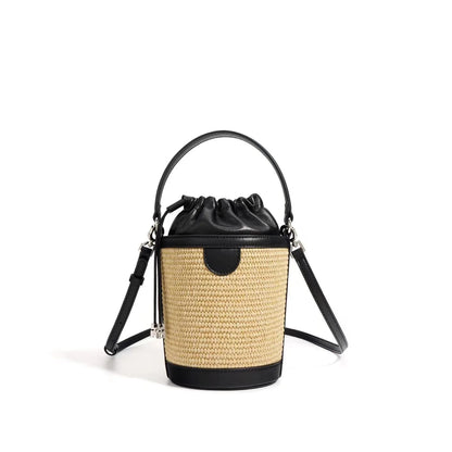 Black / 12X12X16cm 2024 high quality Woven leather Bucket tote bags leisure women patchwork handbag shopper shoulder crossbody Summer bag mini