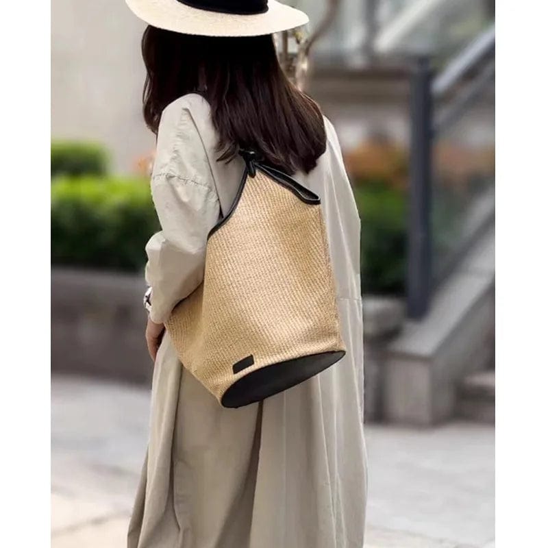 black / 24x50x24x27cm Grass Woven Large Capacity Bag, Women's Tote Bag, 2024 New Summer Leisure Shoulder Bag, Commuting Woven Bucket Bag