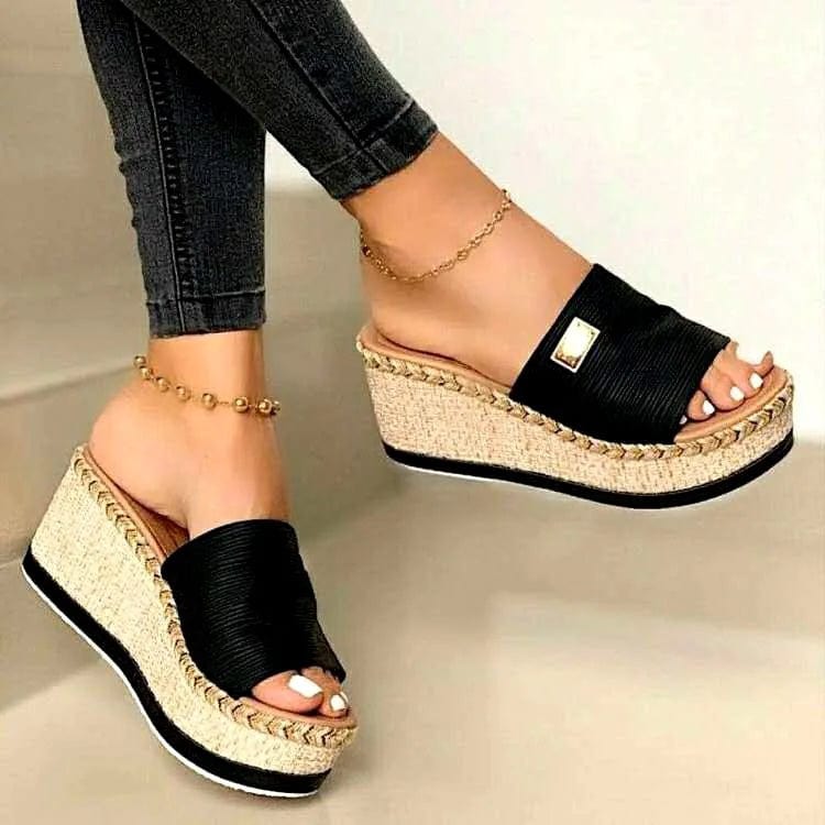 Black / 36 Womens High Heels Sandal Summer Leisure Wedges Sandals 2022 New Outdoor Beach Slippers Women Platform Mules Slipper Plus Size 43