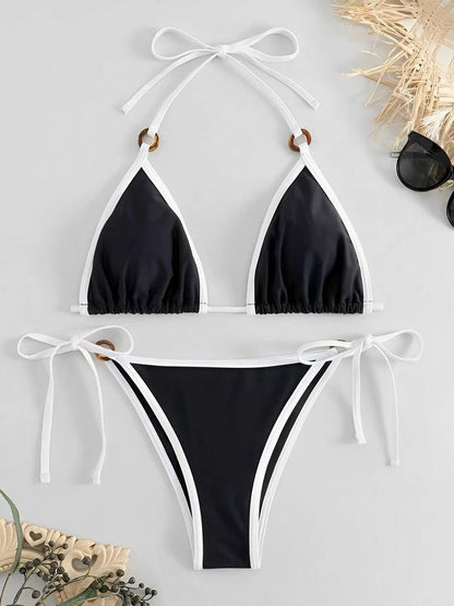 Black / L 2024 Halter String Two Piece Triangle Bikini Swimsuit Women Sexy Swimwear Female Bather Bathing Swimming Swim Suit Beachwear