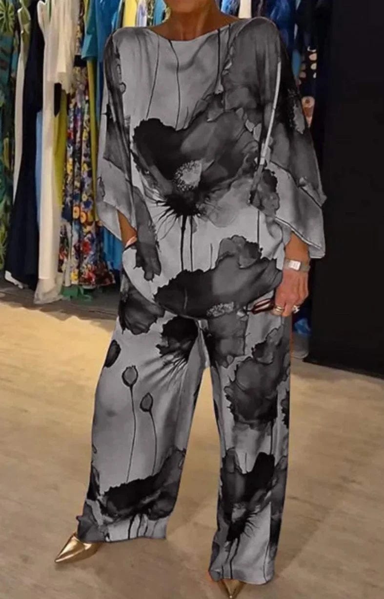 Black / L Spring Summer Fashion Satin Print Two Piece Set Women Causal OL Loose Round Neck Top Wide Leg Pants Two Piece Set Women