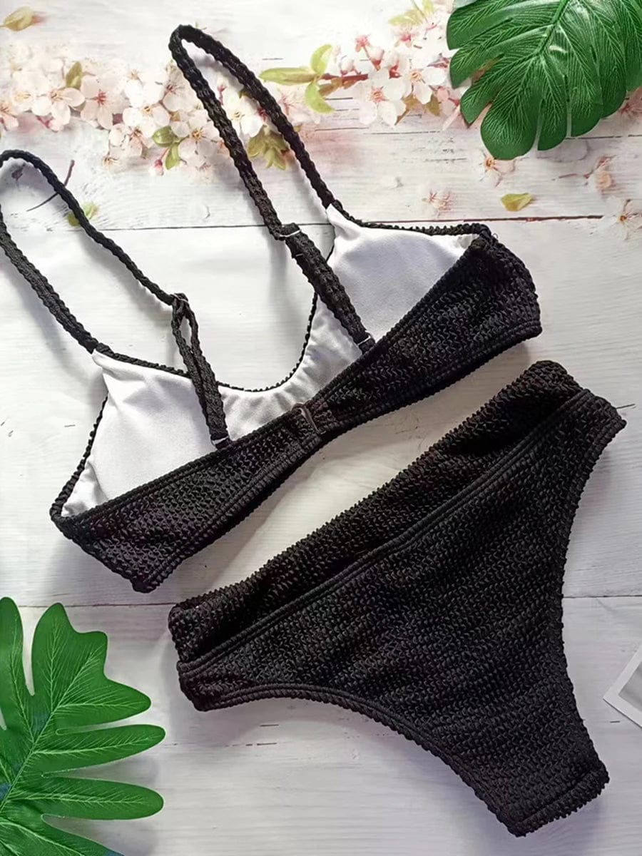 Black / M 2024 Solid Middle Waist Bikini Ribbed Swimsuit