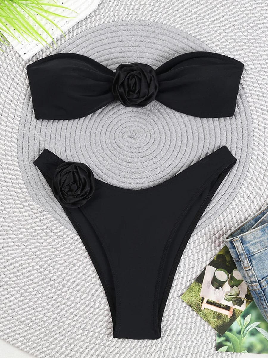 Black / M 3D Rose Strapless Bikini 2024 Women Swimsuit