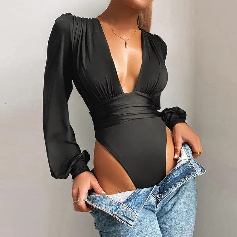 Black / M Sexy Bodysuit Noire avec Décolleté Plongeant et Manches Bouffantes