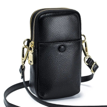 Black Mini Vertical Design Crossbody Female Bag Cow Leather Mobile Phone Bag Fashion Handbag Women Double Zipper Small Shoulder Bags