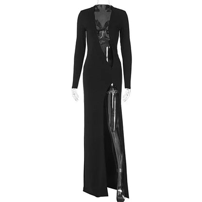 black / S 2023 Winter New Fashion Sexy V-neck Solid Color Hollow Slit Dress Elegant Luxurious Club Clothing Vestidos