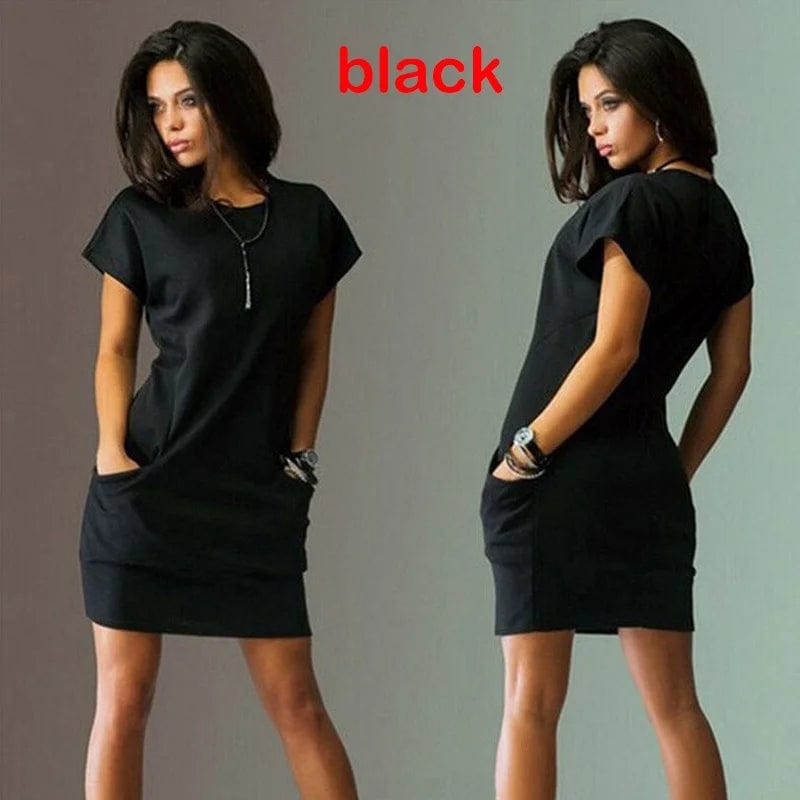 Black / S 2024 Fashion Women's Summer Pocket Dress Slim Fit Sexy Mini Dress Short Sleeve Dress Mini Dress S~2XL