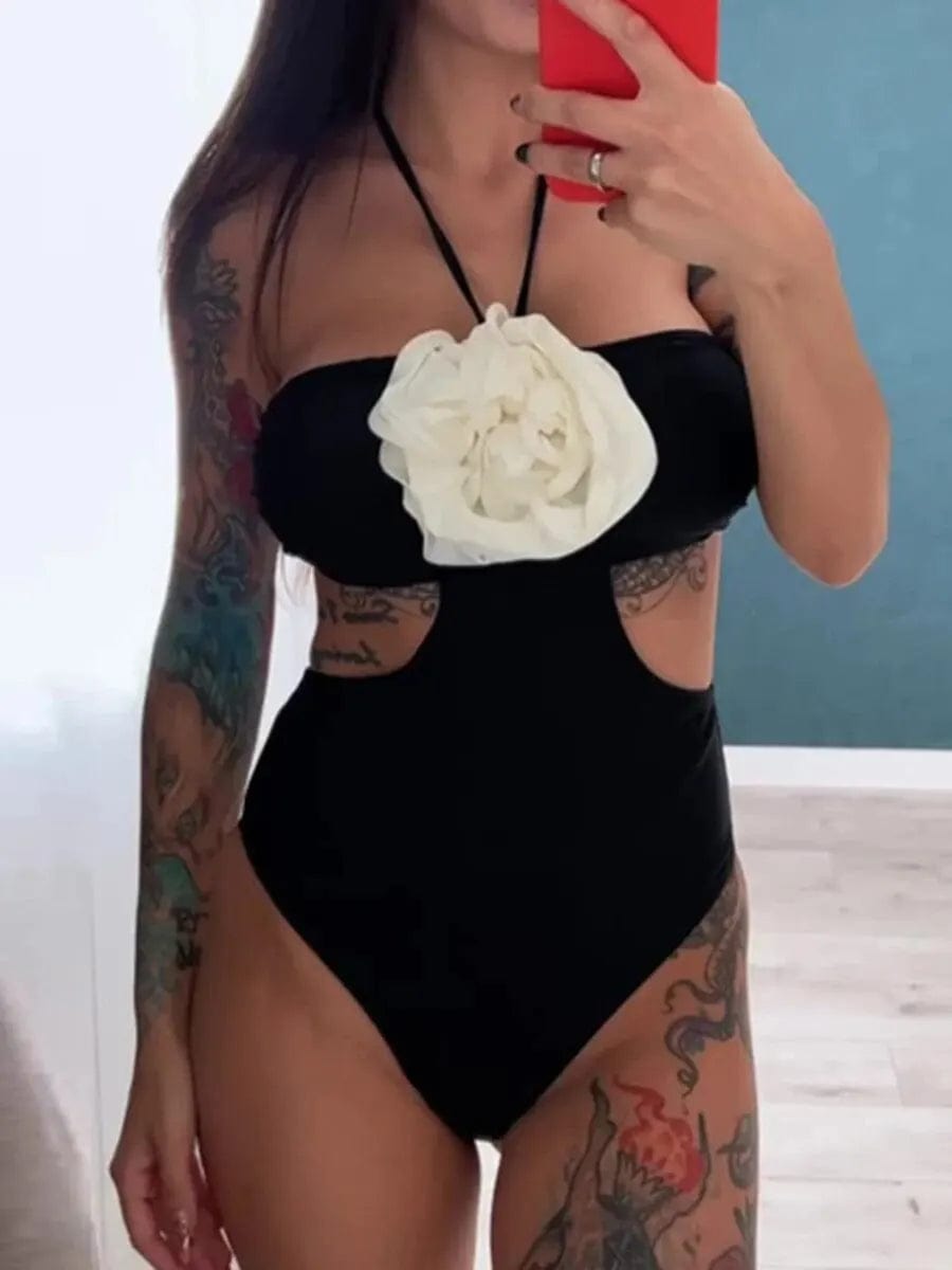 Black / S 3D Floral Cut Out Swimsuit Women One Piece 2024