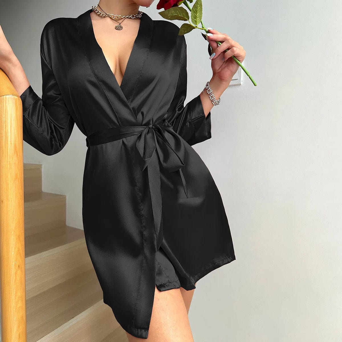 Black / S Pajamas women  sexy morning gown home dress can wear ice silk robe