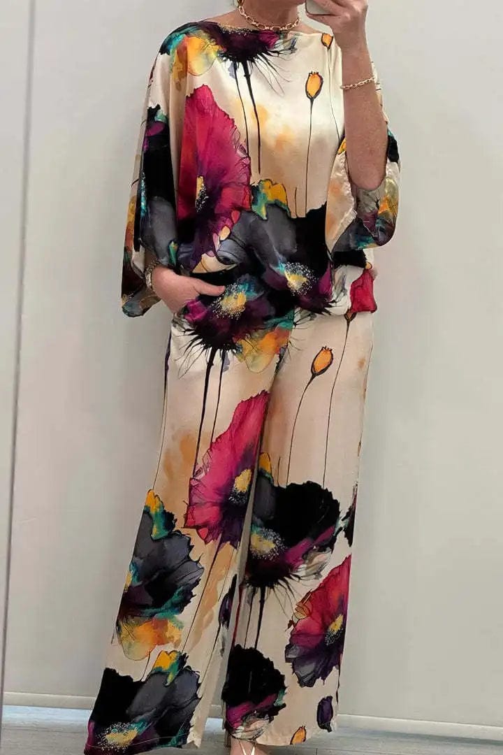 Black / XXXL Summer Fashion Printed Satin Two Piece Sets Women Sexy Round Neck 3/4 Sleeved Top + Wide Leg Long Pants Casual Two Piece Set