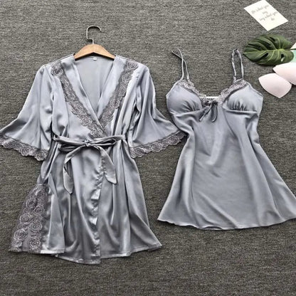 Bleue ciel / XL 2pcs Woman Sexy Pajamas Sleepwear Lace Robe