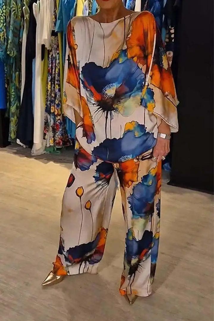 Blue / L Summer Fashion Printed Satin Two Piece Sets Women Sexy Round Neck 3/4 Sleeved Top + Wide Leg Long Pants Casual Two Piece Set