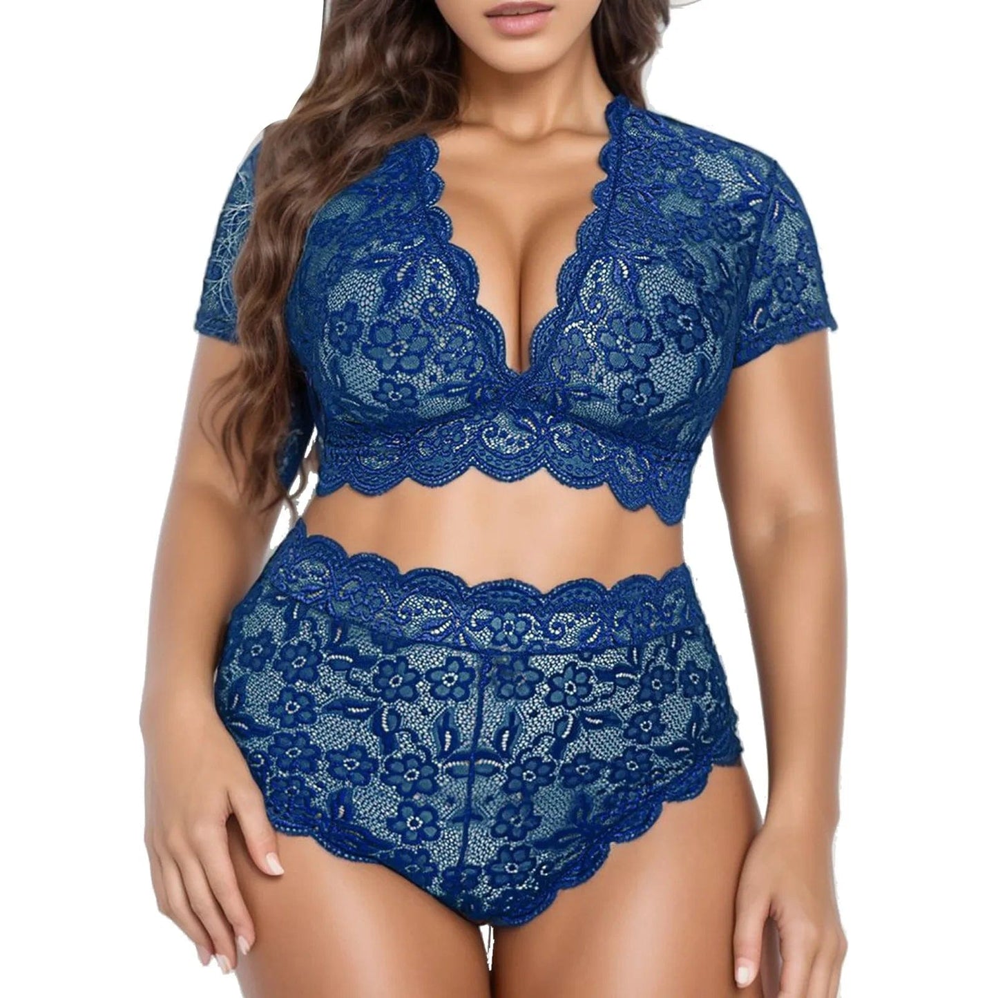 Blue / M / CN Women Sexy Lingerie V Neck High Waist Floral Lace Cross Bra Panty 2 Piece Set See-Through Ultrathin Underwire Plus Size 2024 New