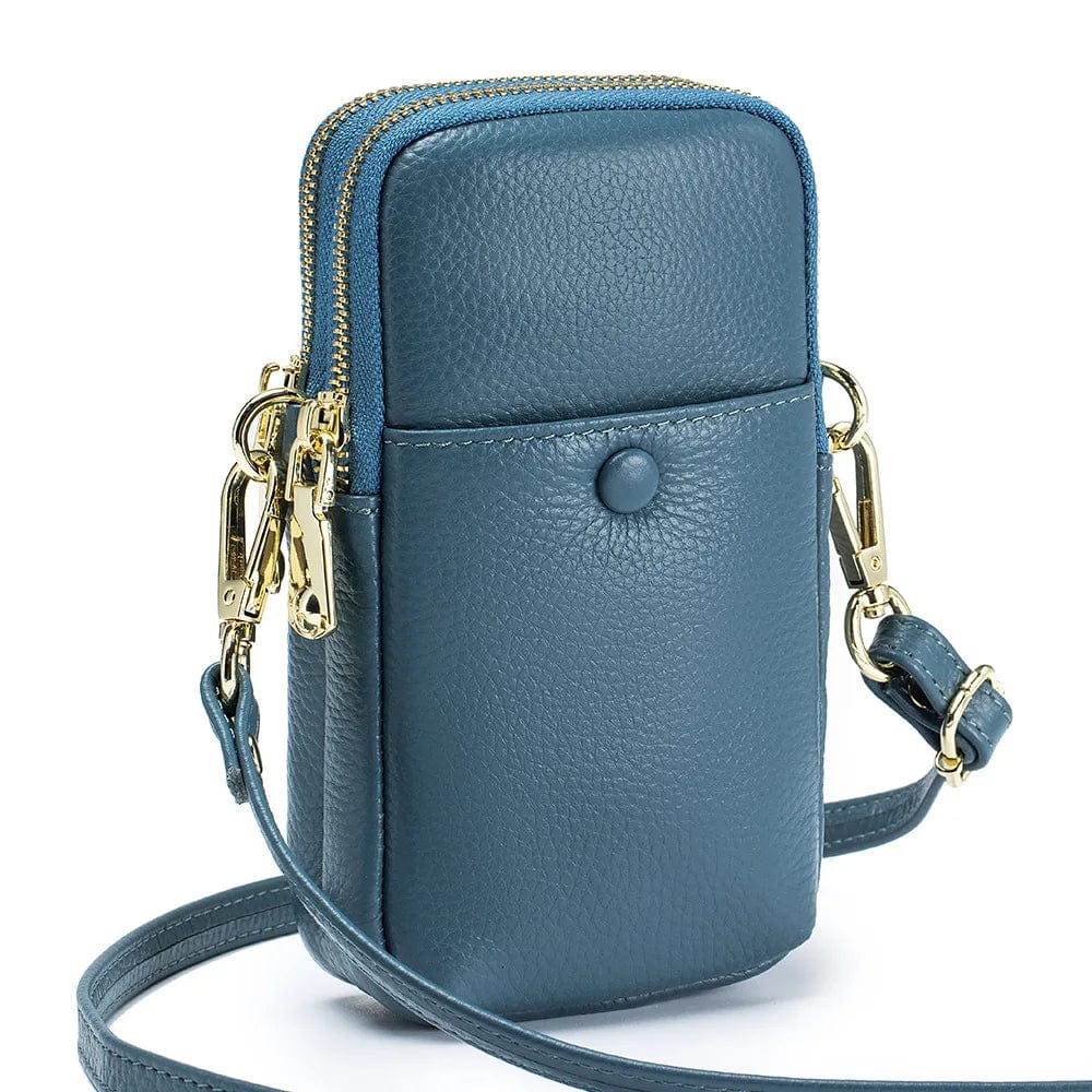 Blue Mini Vertical Design Crossbody Female Bag Cow Leather Mobile Phone Bag Fashion Handbag Women Double Zipper Small Shoulder Bags