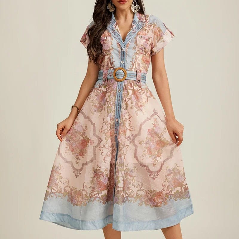 Blue / XXL Beach Resort Style French Shirt Collar Print Dress with Belt Luxurious Elegant Beach Dress