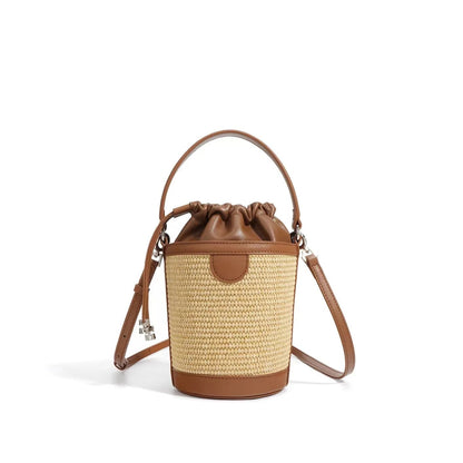 BROWN / 12X12X16cm 2024 high quality Woven leather Bucket tote bags leisure women patchwork handbag shopper shoulder crossbody Summer bag mini