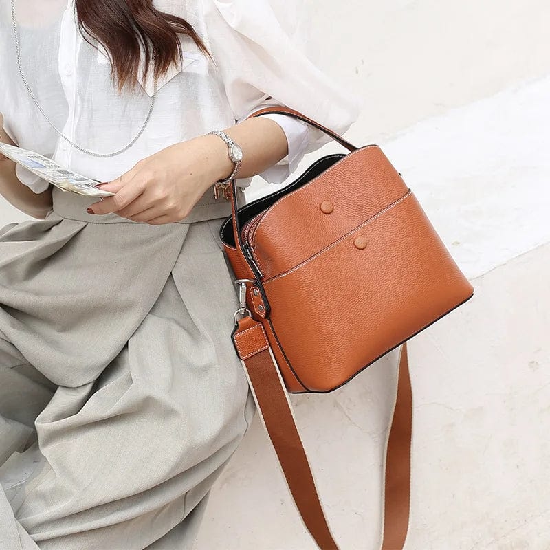 Brown / 22.5cm-11cm-21.5cm MOTAORA Women Crossbody Bag 100% Genuine Leather Small Bucket For Female Simple Solid Shoulder Bag Ladies Casual Handbag Women