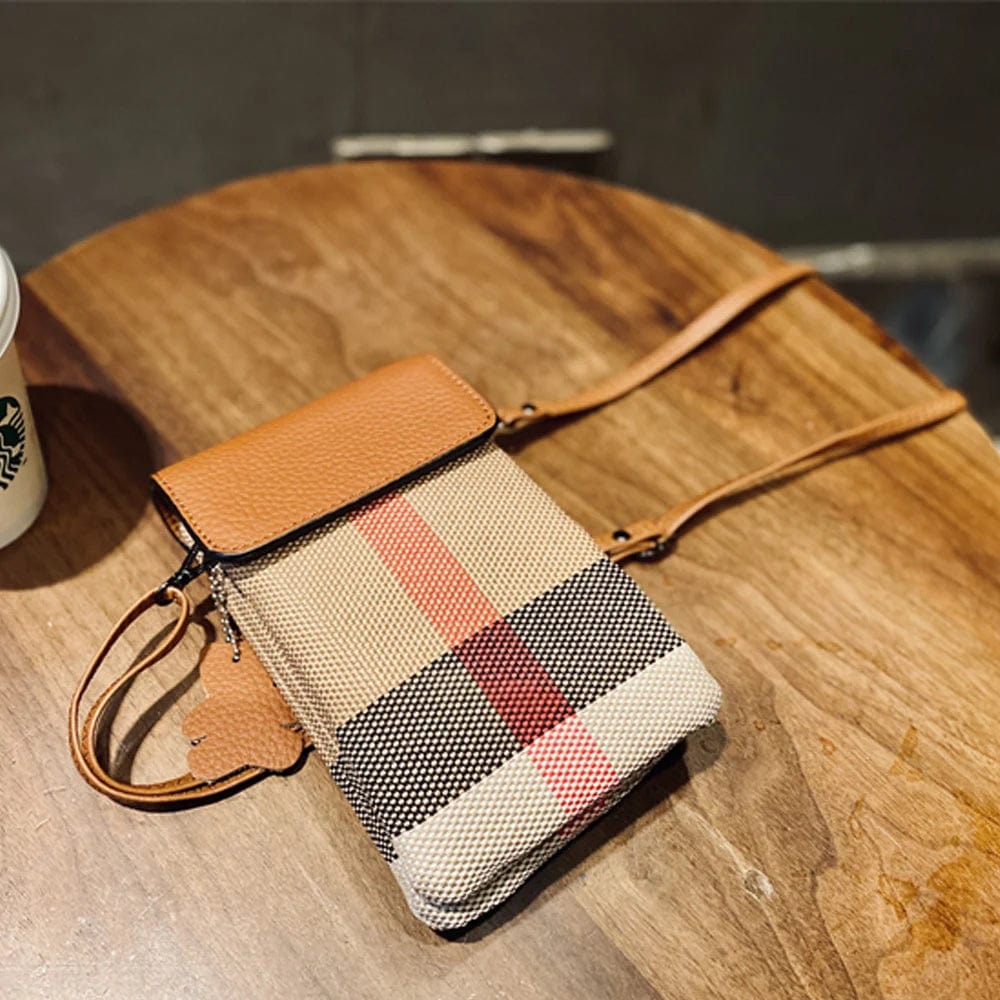 brown Luxury Small Canvas Crossbody Bag For Women Retro Genuine Leather Flap Mobile Phone Purse And Handbag Classic Plaid Female Bag