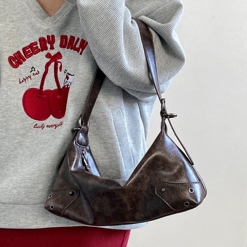 Brown Pu Leather Retro Women's Underarm Bag Cool Y2k Girls Vintage Small Shoulder Bags Simple Female Crossbody Bag Handbags Purse