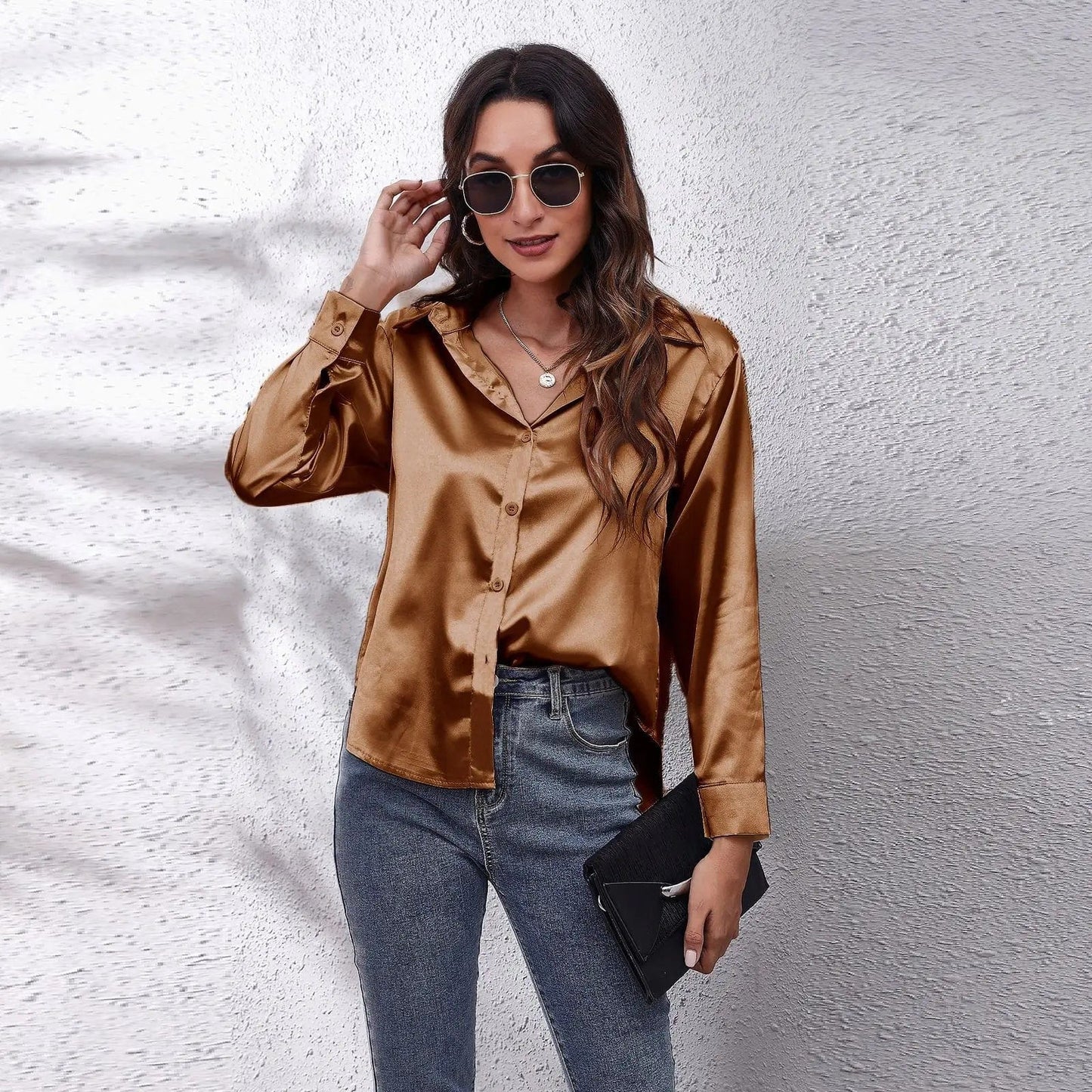 brown / XXL Satin Blouse Shirt Silk Tops Elegant Long Sleeve Loose Womens Blouses Camisas De Mujer Spring Autumn Streetwear Women Clothes