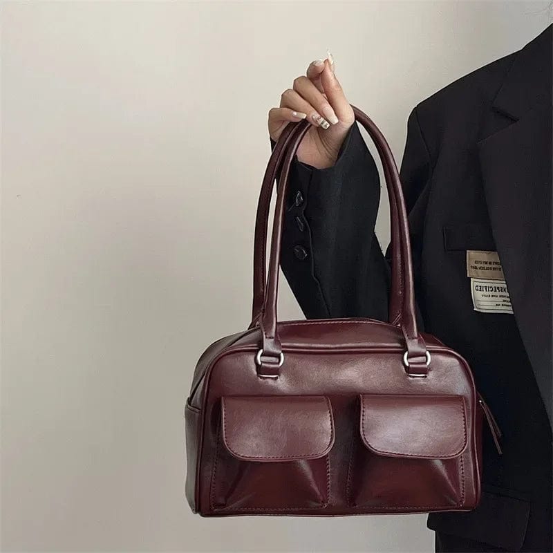 Burgundy Vintage Women Business Shoulder Bags Simple Ladies Commute Tote Bag Pu Leather Female Underarm Bag Burgundy Large Handbags Purse