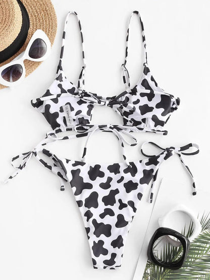 Cow Print Cut Out Tie Side Bikini 2024 Women Leopard S