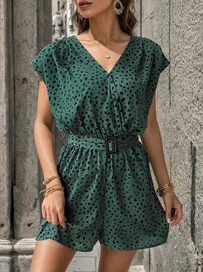 Dark Green / L Benuynffy V-neck Print Belted Jumpsuit Romper Women 2024 Summer Holiday Boho Loose Female Rompers Casual Overalls Playsuits