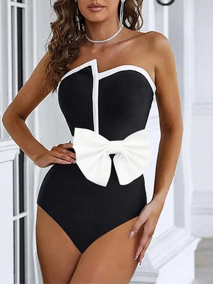 Fashion Female Black One-piece Swimsuit Waist White Edge Bow Tight Sexy Wrap Chest And Long Skirt Cover Up 2023 Newest Style