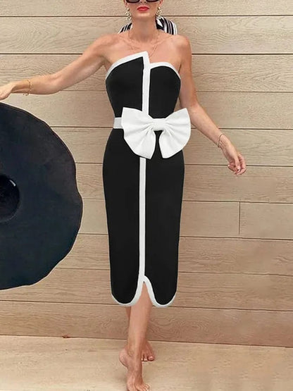 Fashion Female Black One-piece Swimsuit Waist White Edge Bow Tight Sexy Wrap Chest And Long Skirt Cover Up 2023 Newest Style