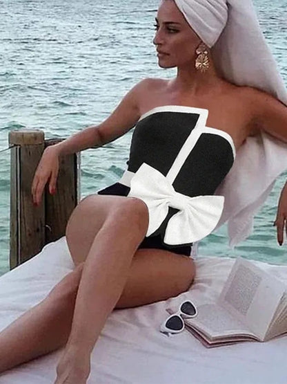 Fashion Female Black One-piece Swimsuit Waist White Edge Bow Tight Sexy Wrap Chest And Long Skirt Cover Up 2023 Newest Style