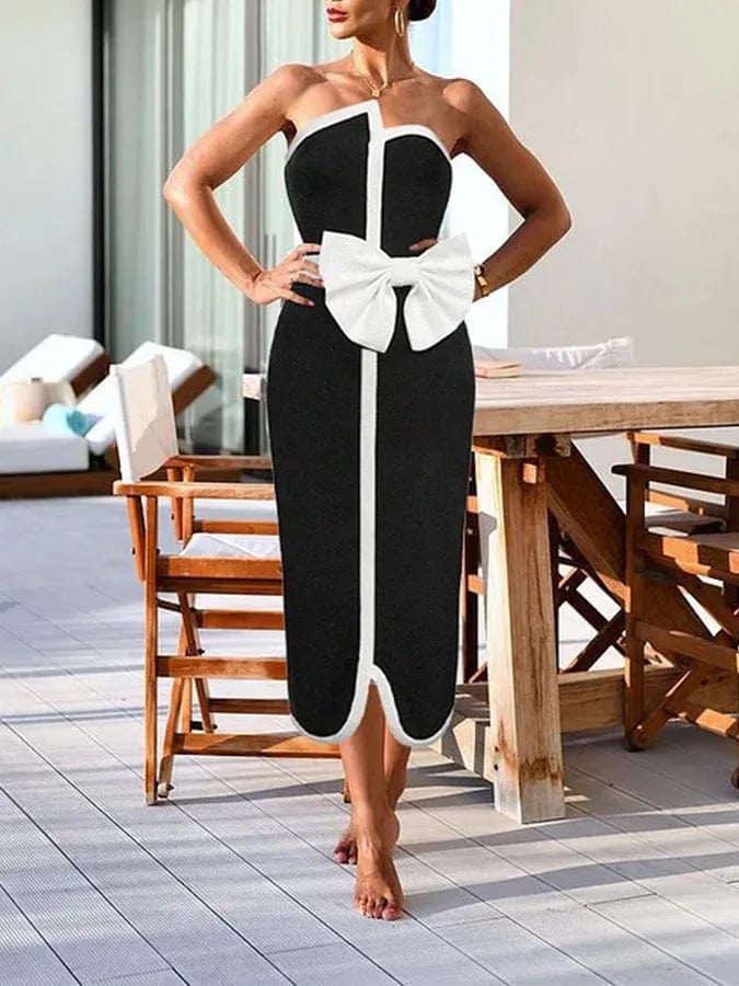 Fashion Female Black One-piece Swimsuit Waist White Edge Bow Tight Sexy Wrap Chest And Long Skirt Cover Up 2023 Newest Style