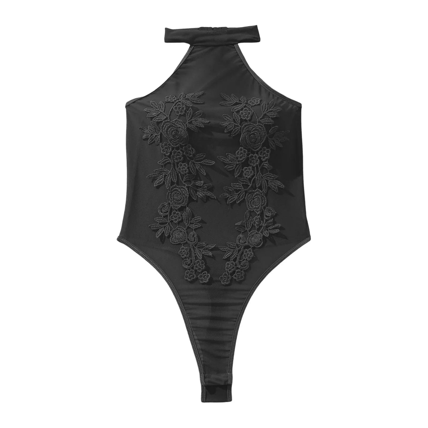 Floral Embroidery Bodysuit Mesh See Through Sexy Bodysuit Sleeveless