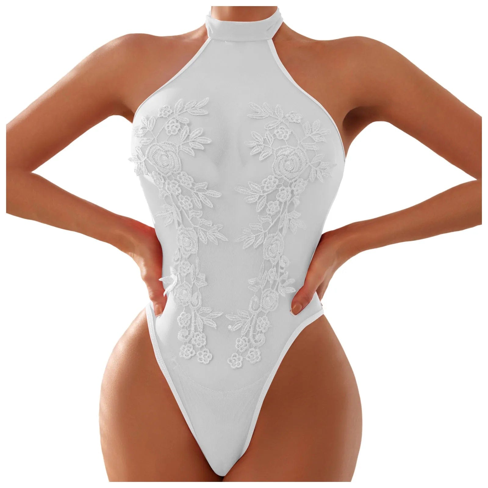 Floral Embroidery Bodysuit Mesh See Through Sexy Bodysuit Sleeveless