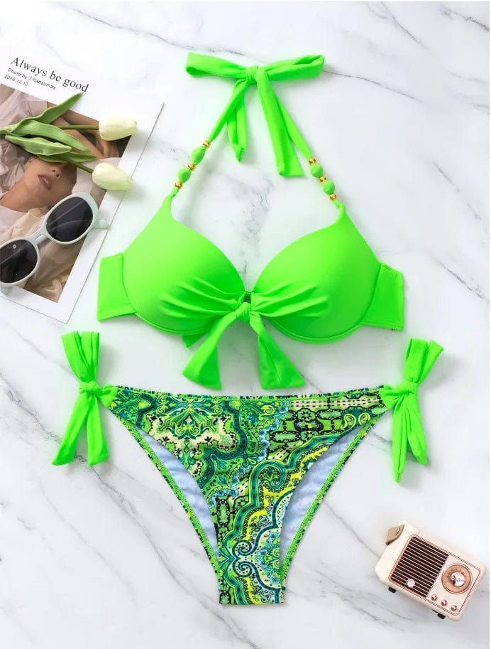 fluorescent green / XL Sexy Push Up Bikini 2024 Women Swimsuit Two Piece Swimwear Female Thong Bikinis Set Swimming for Bathing Suits Brazilian Biquini