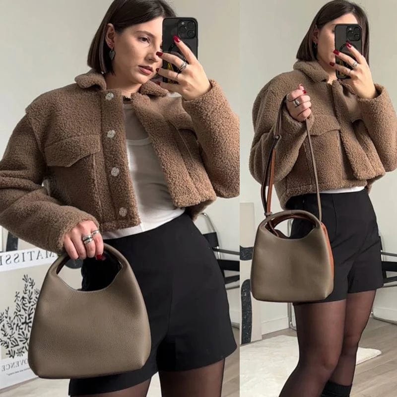 FOXER Genuine Leather Retro Shoulder Bag Women's Composite Crossbody Bag Lady Fashion Cowhide Messenger Bag Simple Small Handbag